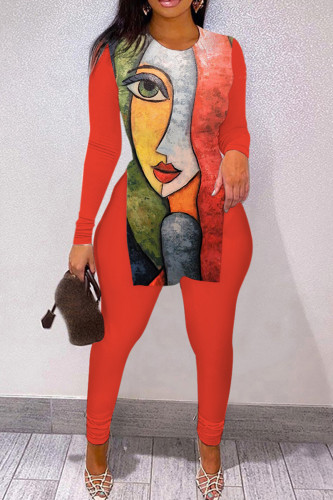 Tangerine Red Casual Print Slit O Neck Long Sleeve Two Pieces