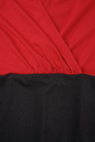 バーガンディ カジュアル パッチワーク 小帯コントラスト V ネック長袖プラス サイズ ドレス