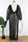 Robe longue noire sexy en patchwork de paillettes fendue à col en V, robes de grande taille