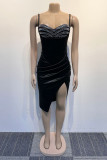 Zwart Feest Elegant Hot Drilling Vouw Hot Drill Spaghettiband Asymmetrische jurken