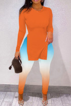 Orangefarbener Zweiteiler mit lässigem Print, Schlitz und O-Ausschnitt und langen Ärmeln