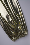 Ouro elegante sólido patchwork com decote em V Plus Size Tops