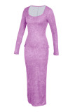 Robes à manches longues et col carré imprimé décontracté violet