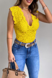 Yellow Casual Solid Patchwork V Neck Tops
