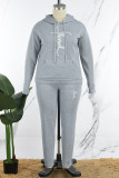 Grey Casual Print Basic Hooded Collar Plus Size Two Pieces