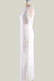 Robe de soirée blanche élégante, couleur unie, déchirée, patchwork, épaules dénudées