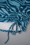 Blaues sexy bedrucktes Bandage-Patchwork-Faltenkleid mit schrägem Kragen und bedrucktem Kleid in Übergröße