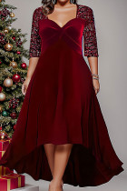 Rode casual effen pailletten patchwork v-hals lange mouwen grote maten jurken