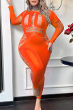 Orange Fluorescent Sexy Living Solide Évidé Lingerie Transparente