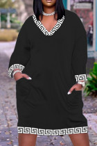 Zwarte casual print basic jurken met V-hals en lange mouwen