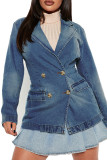 Blue Casual Solid Patchwork Buckle Turn-back Collar Long Sleeve Regular Blazer Denim Jacket