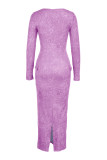 Пурпурные повседневные лоскутные платья с квадратным воротником и длинным рукавом с принтом