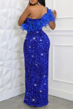 Blue Sexy Formal Patchwork Sequins Feathers Backless Slit Oblique Collar Evening Dress Dresses