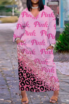 Светло-розовые длинные платья с V-образным вырезом и повседневным принтом в стиле пэчворк