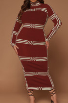 Абрикосовое повседневное полосатое лоскутное длинное платье с высоким воротником Платья больших размеров
