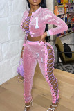 Pink Sexy Letter Patchwork Cross Straps O Neck Long Sleeve Two Pieces Crop Jackets Pants Sets Slim Tracksuits