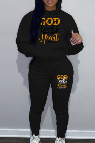 Black Casual Letter Print Hooded Collar Long Sleeve Sweatshirt And Draw String Pocket Pants Sportwear Two Piece Jogger Set