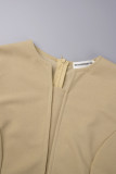Khaki Elegant Solid Patchwork Fold With Belt Zipper V Neck Pencil Skirt Dresses（Belt Included）
