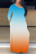 ライトブルー カジュアル プリント ベーシック V ネック ロング ドレス ドレス