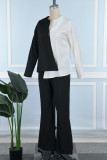 White Casual Patchwork Contrast V Neck Long Sleeve Two Pieces
