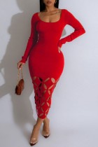 Vestidos vermelhos sexy sólidos vazados com decote em U de manga comprida