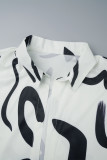 Cream White Casual Print Basic Turndown Collar Plus Size Three Piece Set