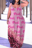 Roze sexy casual letterprint rugloze spaghettibandjes lange jurkjurken