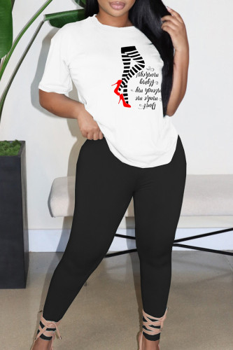 White Casual Print Patchwork O Neck Short Sleeve Two Pieces