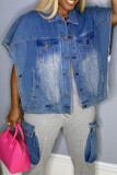 Blaue Street Solid Patchwork-Schnalle mit Umlegekragen, ärmellose, lockere Jeansjacke