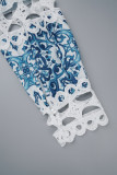 Azul elegante estampado renda escavada patchwork meia gola alta vestidos linha