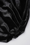 Zwarte sexy casual effen uitgeholde rugloze jurk met V-hals en korte mouwen