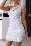 White Sexy Patchwork Tassel Hollowed Out Sequins Oblique Collar Sleeveless Dress Dresses