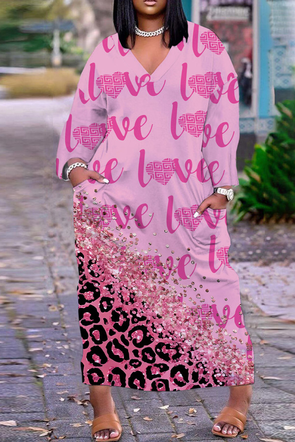 Roze roze casual print patchwork v-hals lange jurk jurken