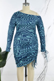Vestido estampado sexy azul bandagem patchwork dobra gola oblíqua vestidos plus size