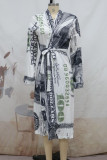 Robes de robe imprimées à col cardigan en patchwork imprimé décontracté blanc