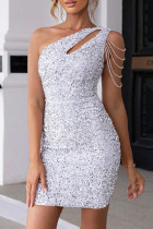 Witte sexy patchwork kwastje uitgeholde pailletten schuine kraag mouwloze jurk jurken