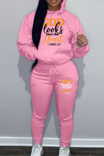 Pink Casual Letter Print Hooded Collar Long Sleeve Sweatshirt And Draw String Pocket Pants Sportwear Two Piece Jogger Set