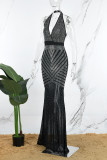 Robe longue noire Sexy en Patchwork, tenue transparente, dos nu, col licou, perçage à chaud