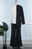 Black Casual Patchwork Contrast V Neck Long Sleeve Two Pieces