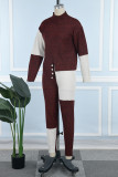 Burgundy Casual Patchwork Contrast O Neck Long Sleeve Two Pieces