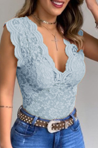 Sky Blue Casual Solid Patchwork V Neck Tops
