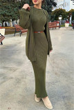 Cárdigan liso informal verde militar con cuello redondo y manga larga de dos piezas (sin cinturón)