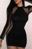 Schwarze, sexy, einfarbige, zerrissene Patchwork-Kleider mit O-Ausschnitt und Wickelrock