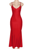 Красное сексуальное повседневное однотонное длинное платье с открытой спиной на тонких бретелях