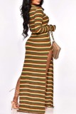 Gele casual gestreepte lange jurk met split en O-hals
