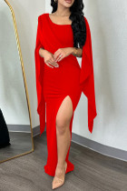 Red Sexy Casual Solid Patchwork Slit O Neck One Step Skirt Dresses