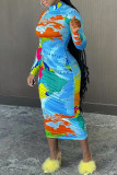 Turquoise Casual Print Basic Half A Turtleneck Long Sleeve Dresses