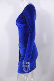 Blauwe sexy effen patchwork rits asymmetrische kraag gewikkelde rokjurken