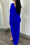 Синие сексуальные повседневные однотонные лоскутные платья-юбки с разрезом и круглым вырезом на один шаг