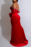 Rotes, sexy, formelles Patchwork-Hot Drilling, durchsichtiges, rückenfreies, langes Kleid mit Schlitz (mit Ärmeln)